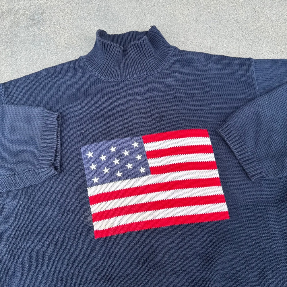Liz‎ & Co Vintage American Flag Knit Sweater Navy Blue Mock Neck Cotton Large